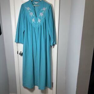 Vtg‎ Shadowline M Teal Green Nylon Embroidered Midi Snap House Coat Robe
